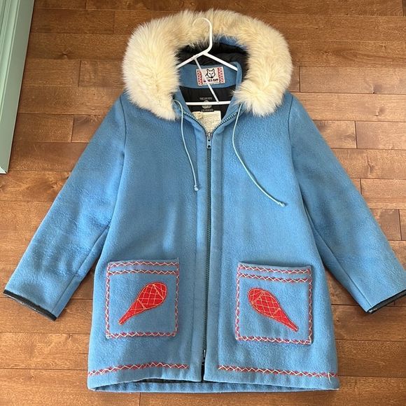 Vintage James Bay Fur Trim Hood Dog Sled Theme Wool Coat Blue Parks - Picture 2 of 14